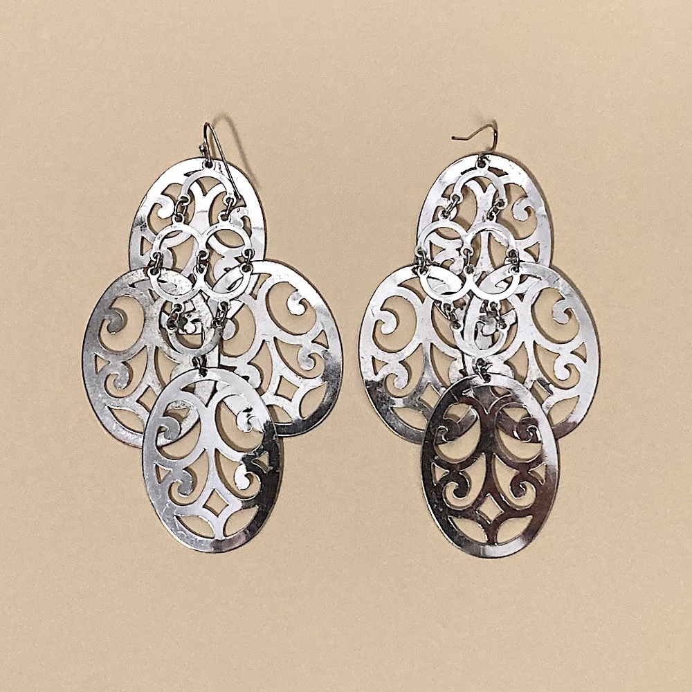 ⭐️ Silver Curlicue Cutout Oversized Chandelier Earrings